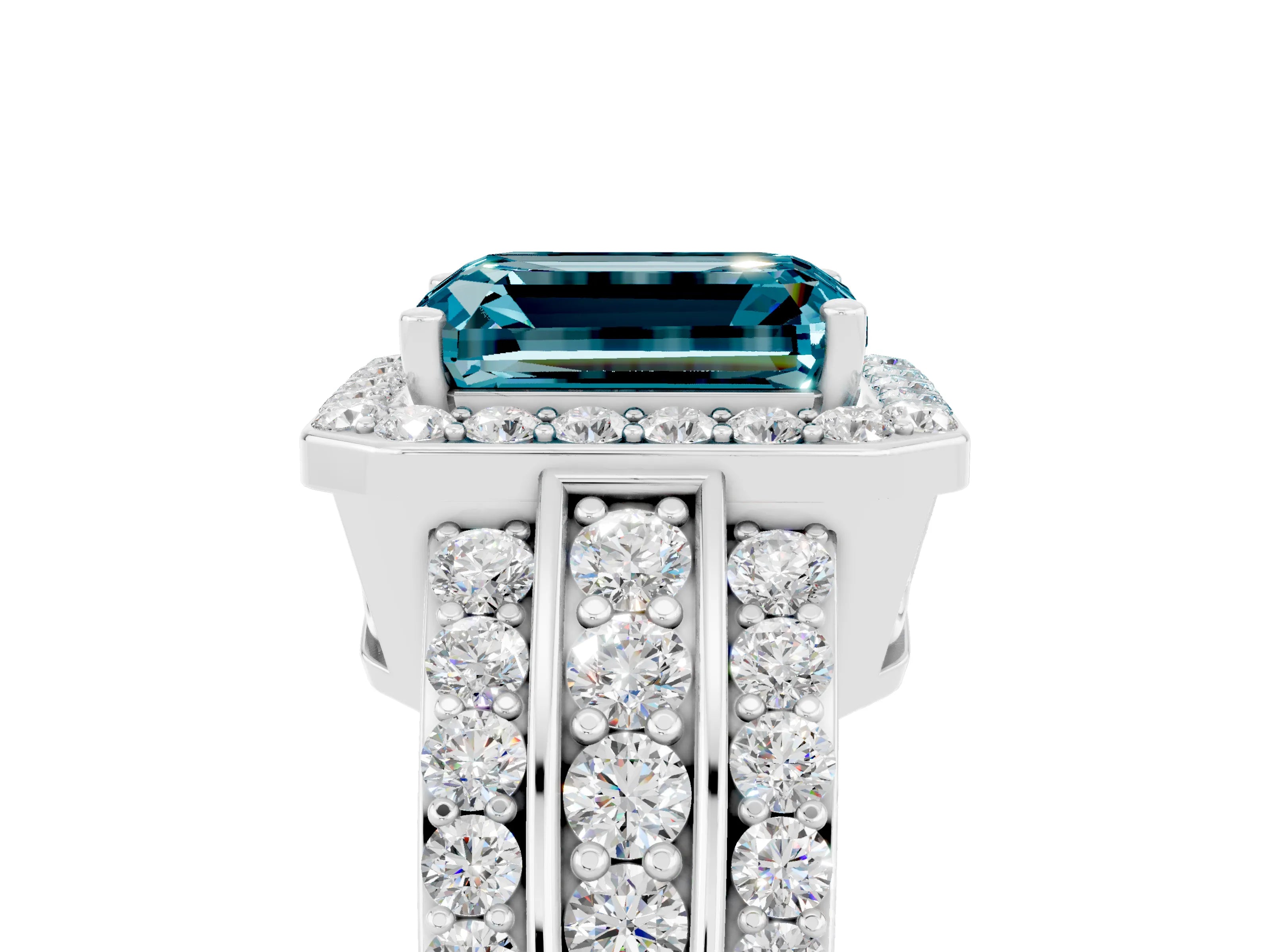 White gold Emerald Cut Halo Blue Topaz Ring with Split Shank and Four-Prong Setting_5