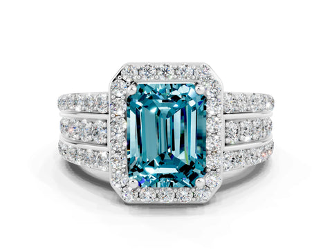 White gold Emerald Cut Halo Blue Topaz Ring with Split Shank and Four-Prong Setting