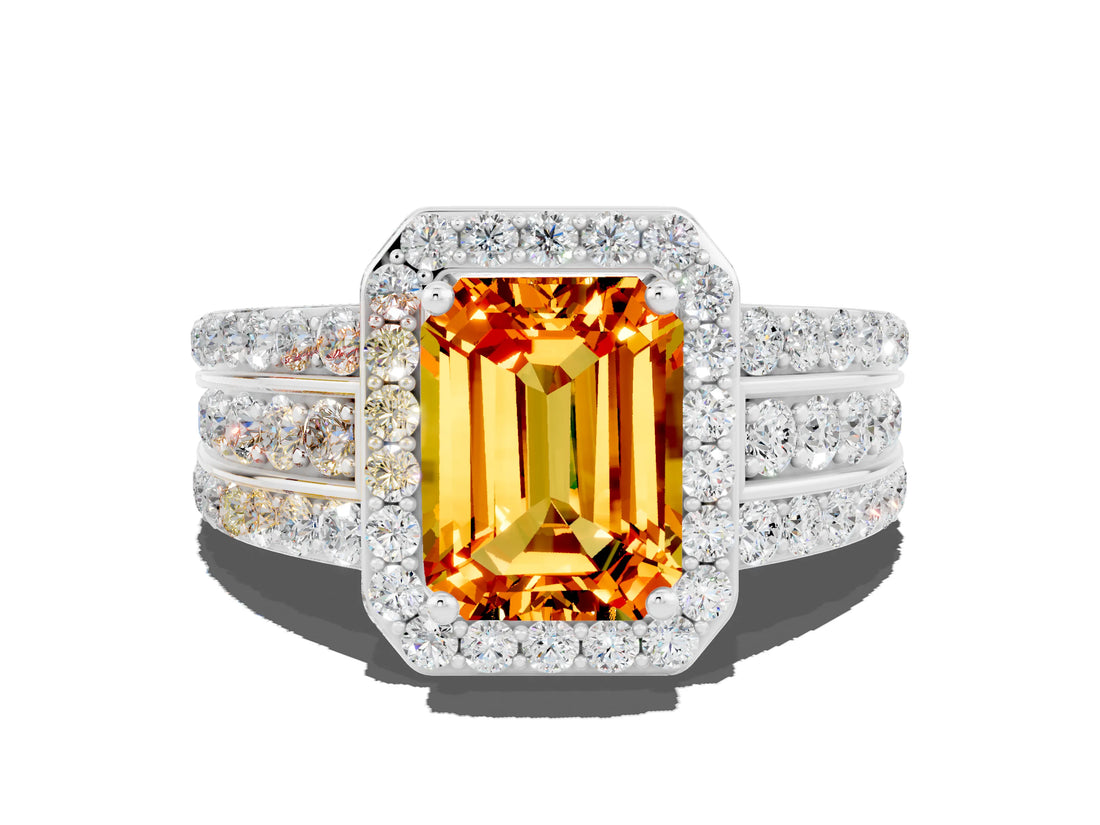 White gold Emerald Cut Halo Citrine Ring with Round  Split Shank and Prong Setting_12