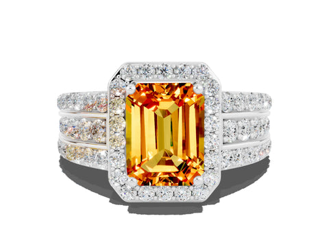 White gold Emerald Cut Halo Citrine Ring with Round  Split Shank and Prong Setting_12