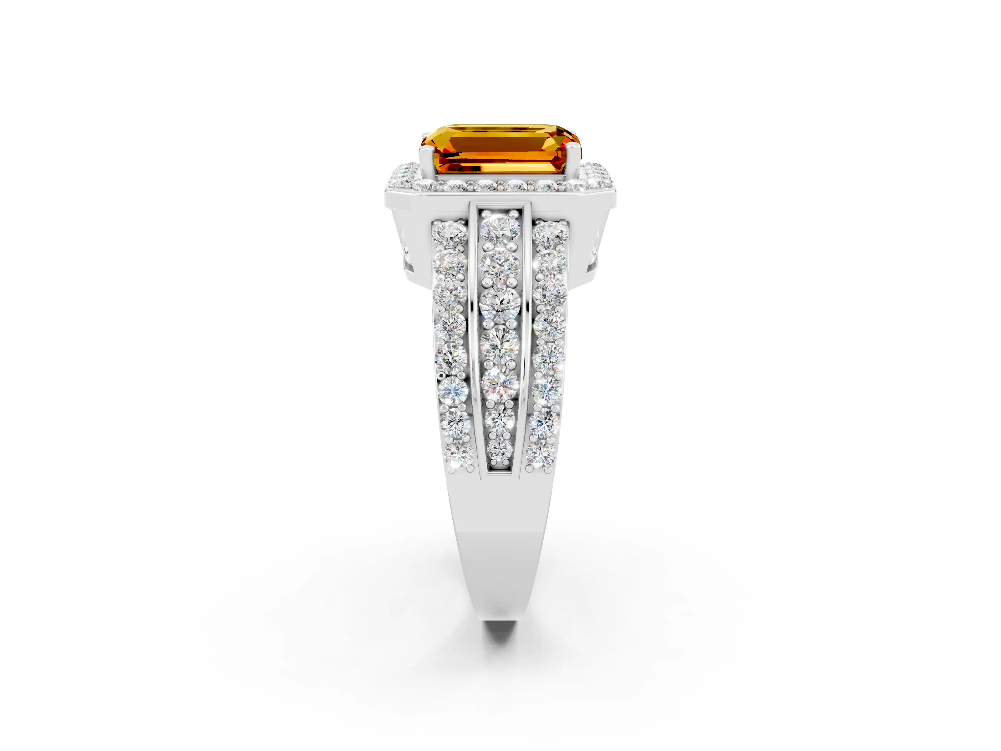 White gold Emerald Cut Halo Citrine Ring with Round  Split Shank and Prong Setting_14