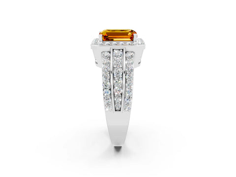 White gold Emerald Cut Halo Citrine Ring with Round  Split Shank and Prong Setting_14