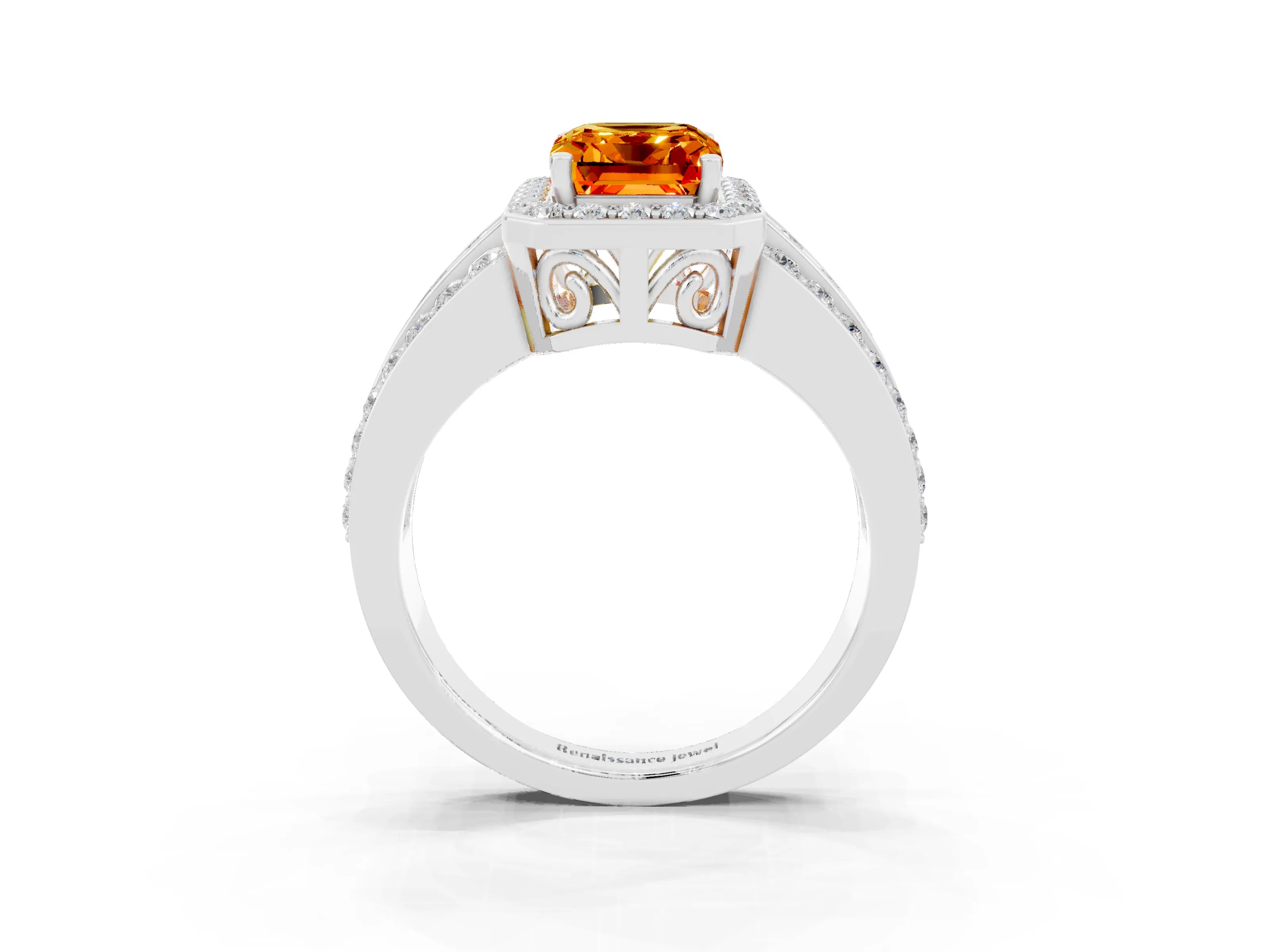 White gold Emerald Cut Halo Citrine Ring with Round  Split Shank and Prong Setting_15