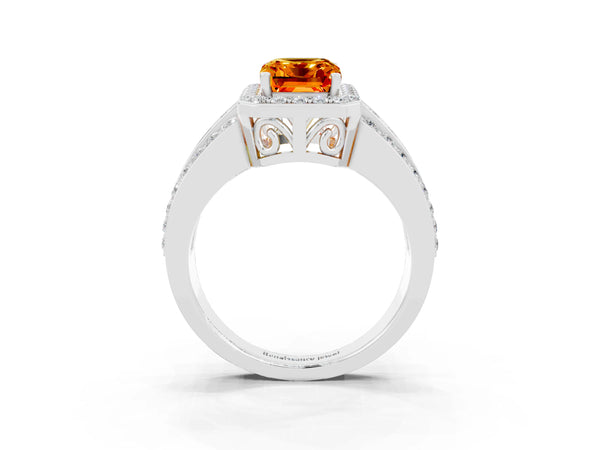 Platinum Emerald Cut Halo Citrine Ring with Round  Split Shank and Prong Setting