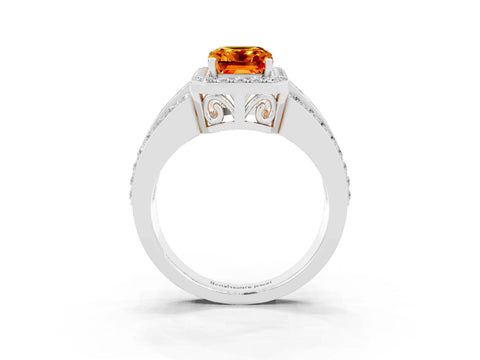 White gold Emerald Cut Halo Citrine Ring with Round  Split Shank and Prong Setting_15