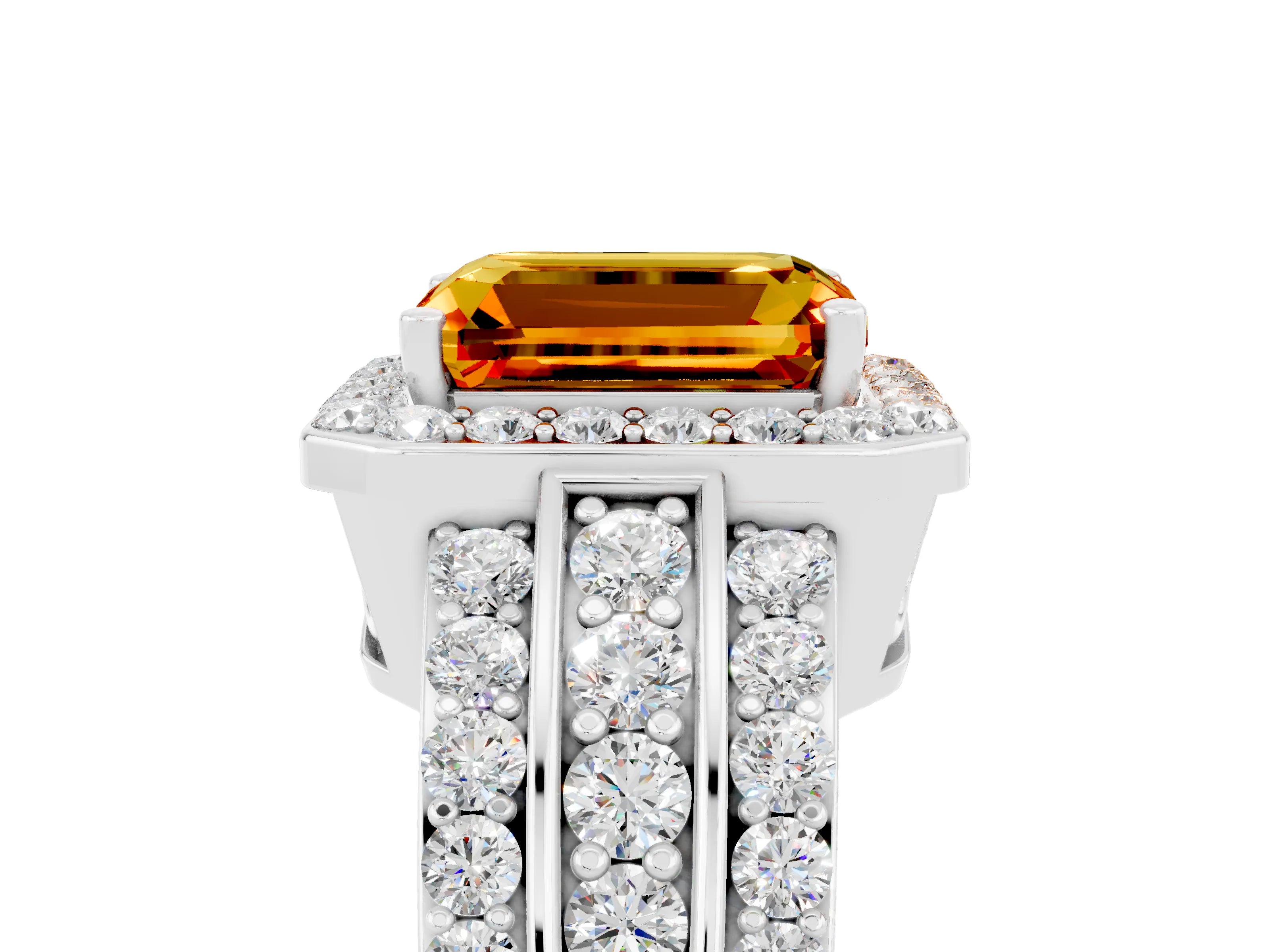 White gold Emerald Cut Halo Citrine Ring with Round  Split Shank and Prong Setting_17