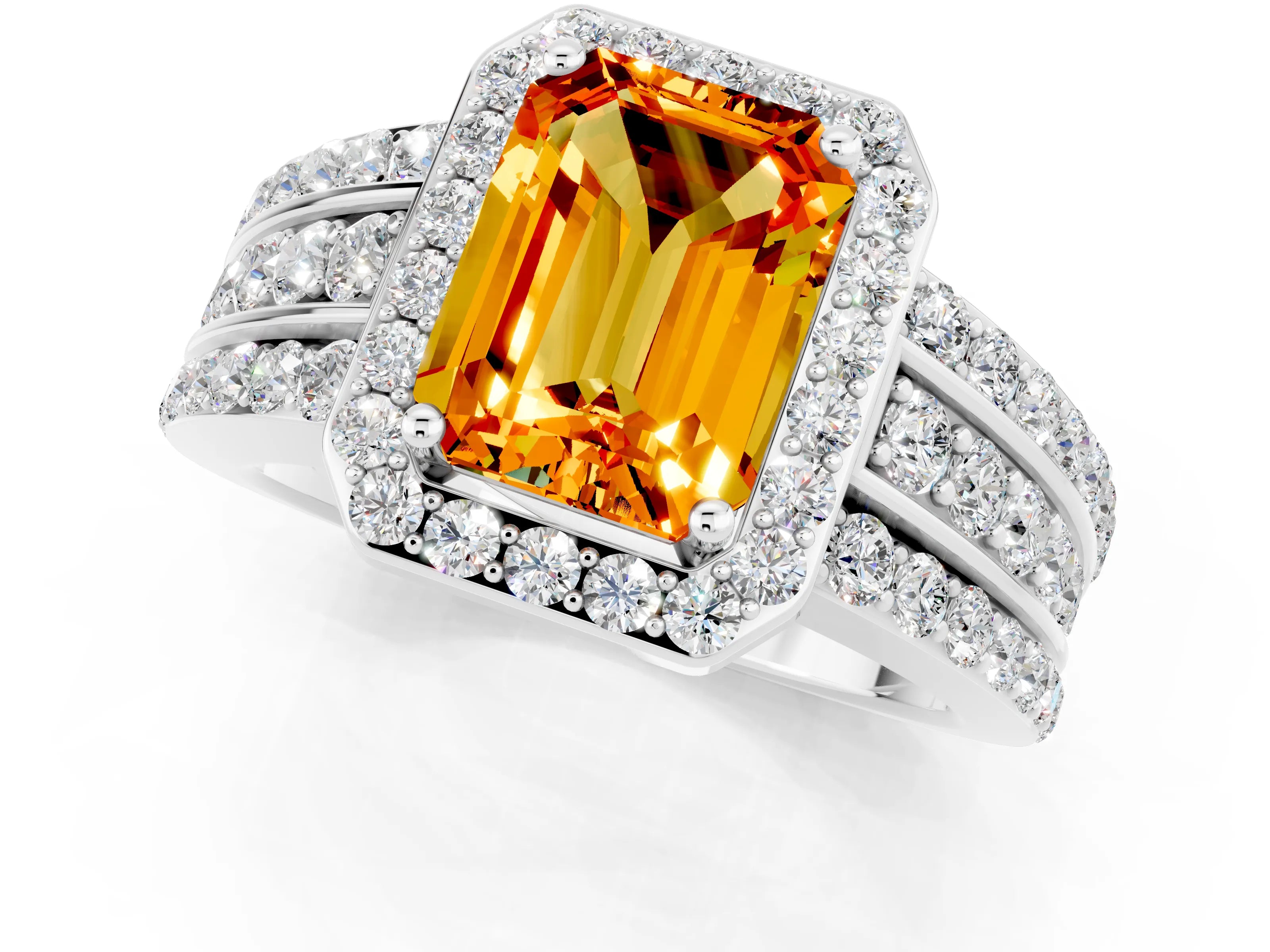 White gold Emerald Cut Halo Citrine Ring with Split Shank and Four-Prong Setting_1
