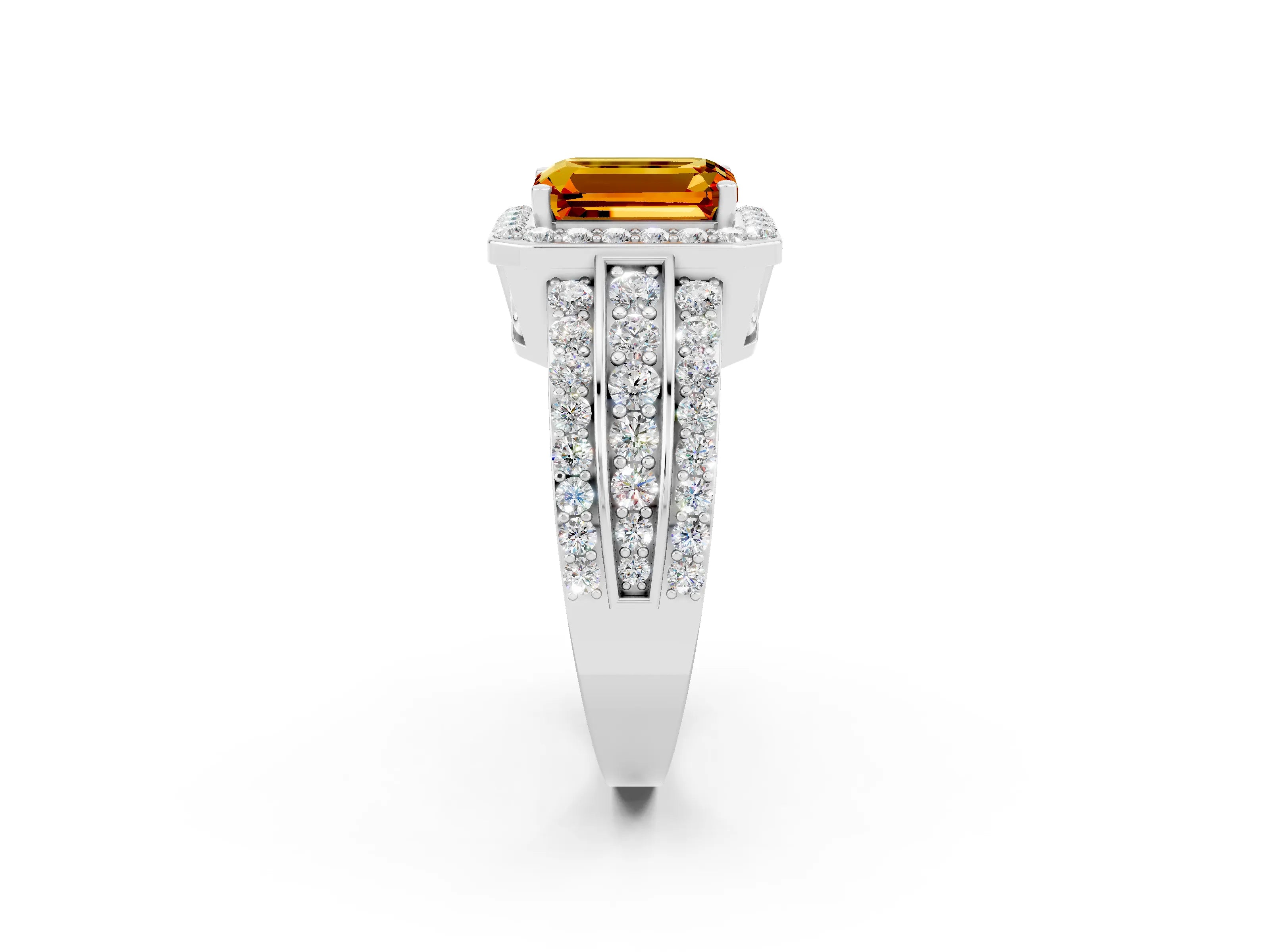White gold Emerald Cut Halo Citrine Ring with Split Shank and Four-Prong Setting_2