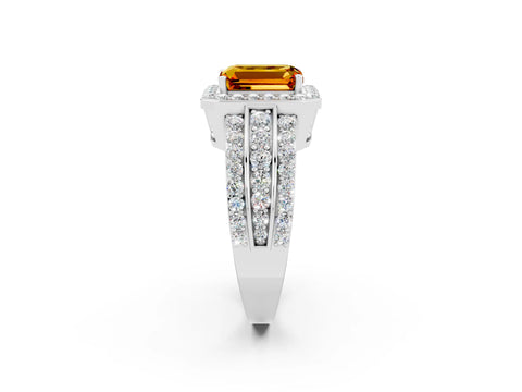 White gold Emerald Cut Halo Citrine Ring with Split Shank and Four-Prong Setting_2