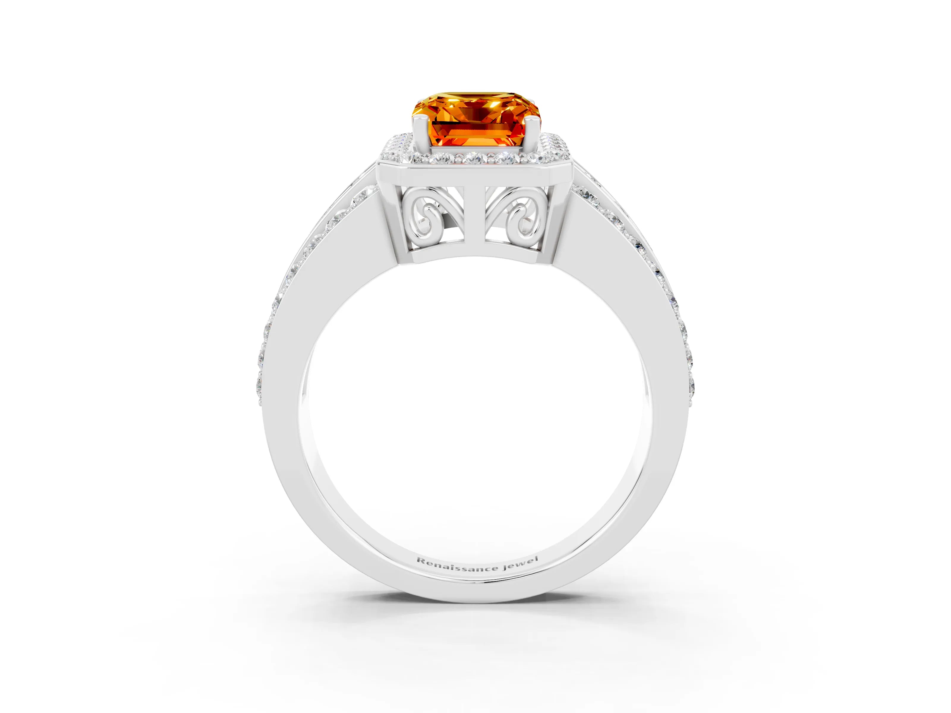 White gold Emerald Cut Halo Citrine Ring with Split Shank and Four-Prong Setting_3