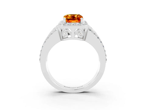 White gold Emerald Cut Halo Citrine Ring with Split Shank and Four-Prong Setting_3