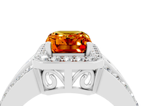 White gold Emerald Cut Halo Citrine Ring with Split Shank and Four-Prong Setting_4