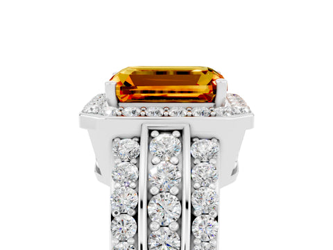White gold Emerald Cut Halo Citrine Ring with Split Shank and Four-Prong Setting_5