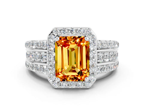 White gold Emerald Cut Halo Citrine Ring with Split Shank and Four-Prong Setting