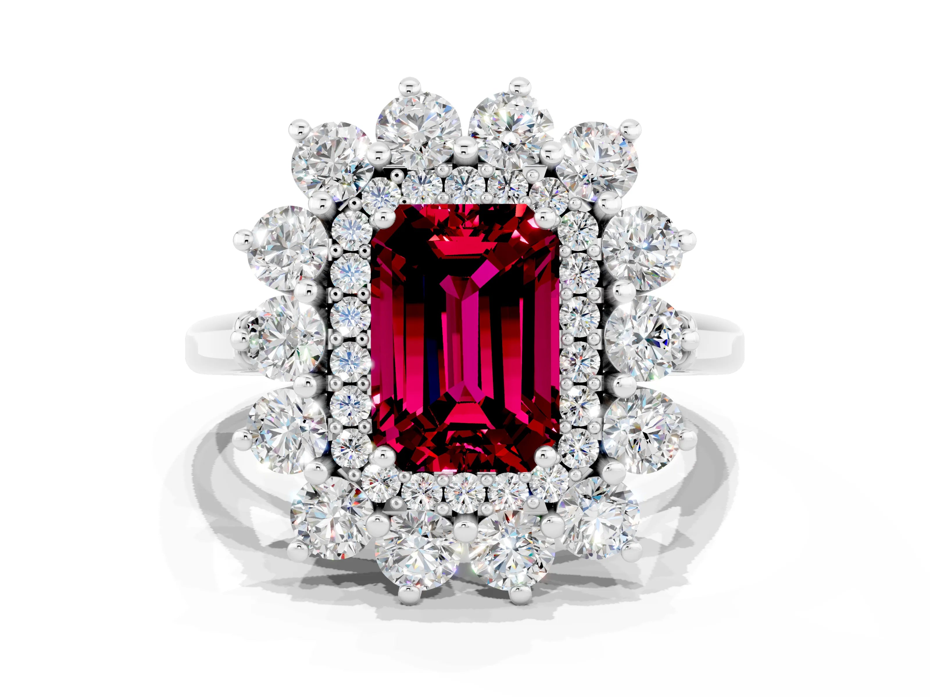 White gold Emerald Cut Halo Cluster Diamond Ring with Pave Band and Four-Prong Setting