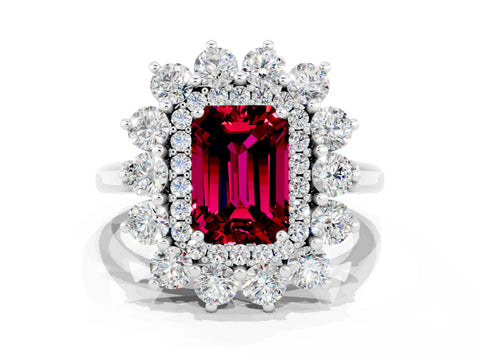 White gold Emerald Cut Halo Cluster Diamond Ring with Pave Band and Four-Prong Setting