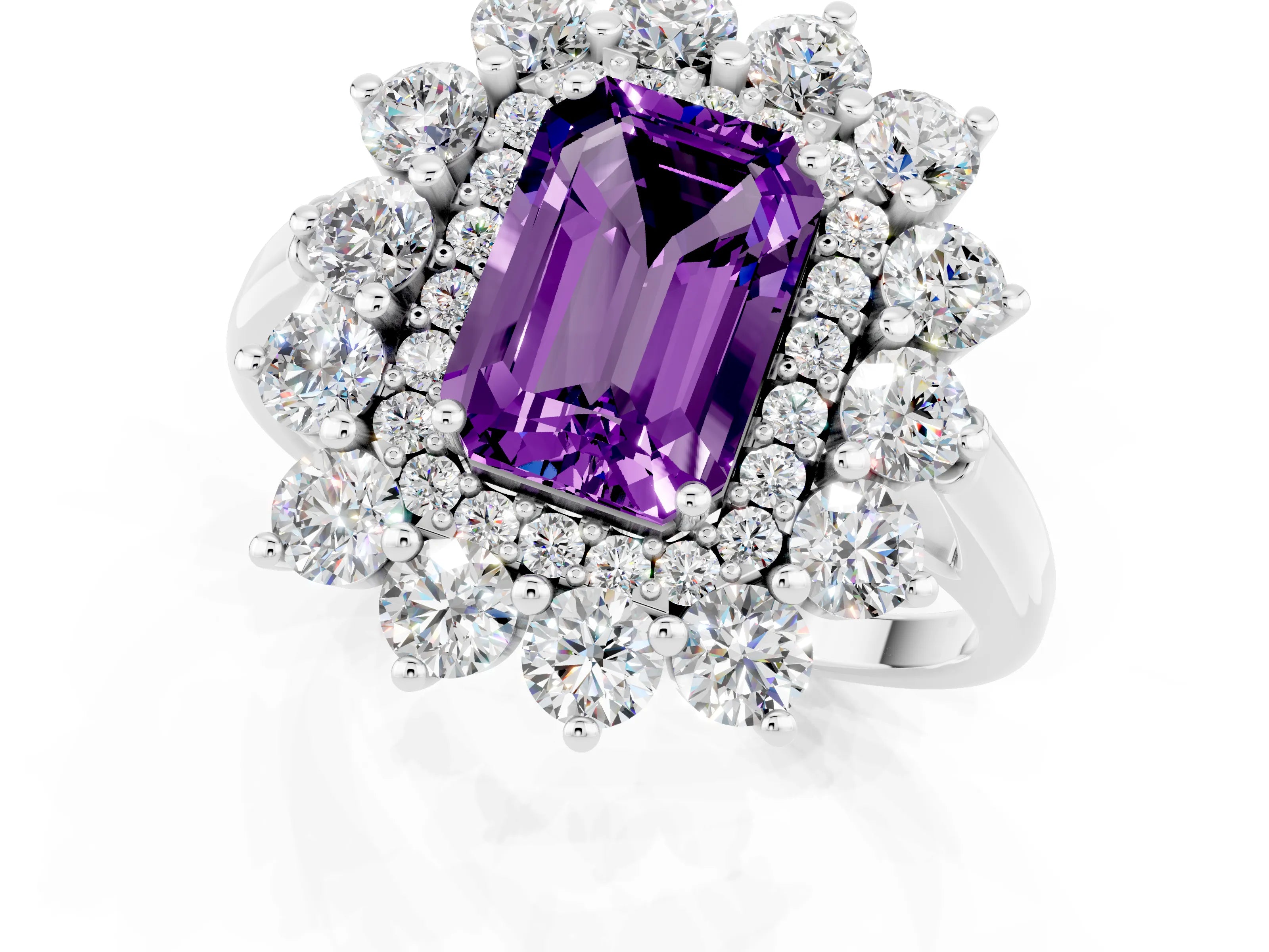 White gold Emerald Cut Halo Cluster Diamond Ring with Pave Band and Four-Prong Setting_1