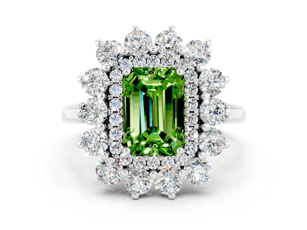 White gold Emerald Cut Peridot Floral Double Halo Engagement Ring with Prong Setting