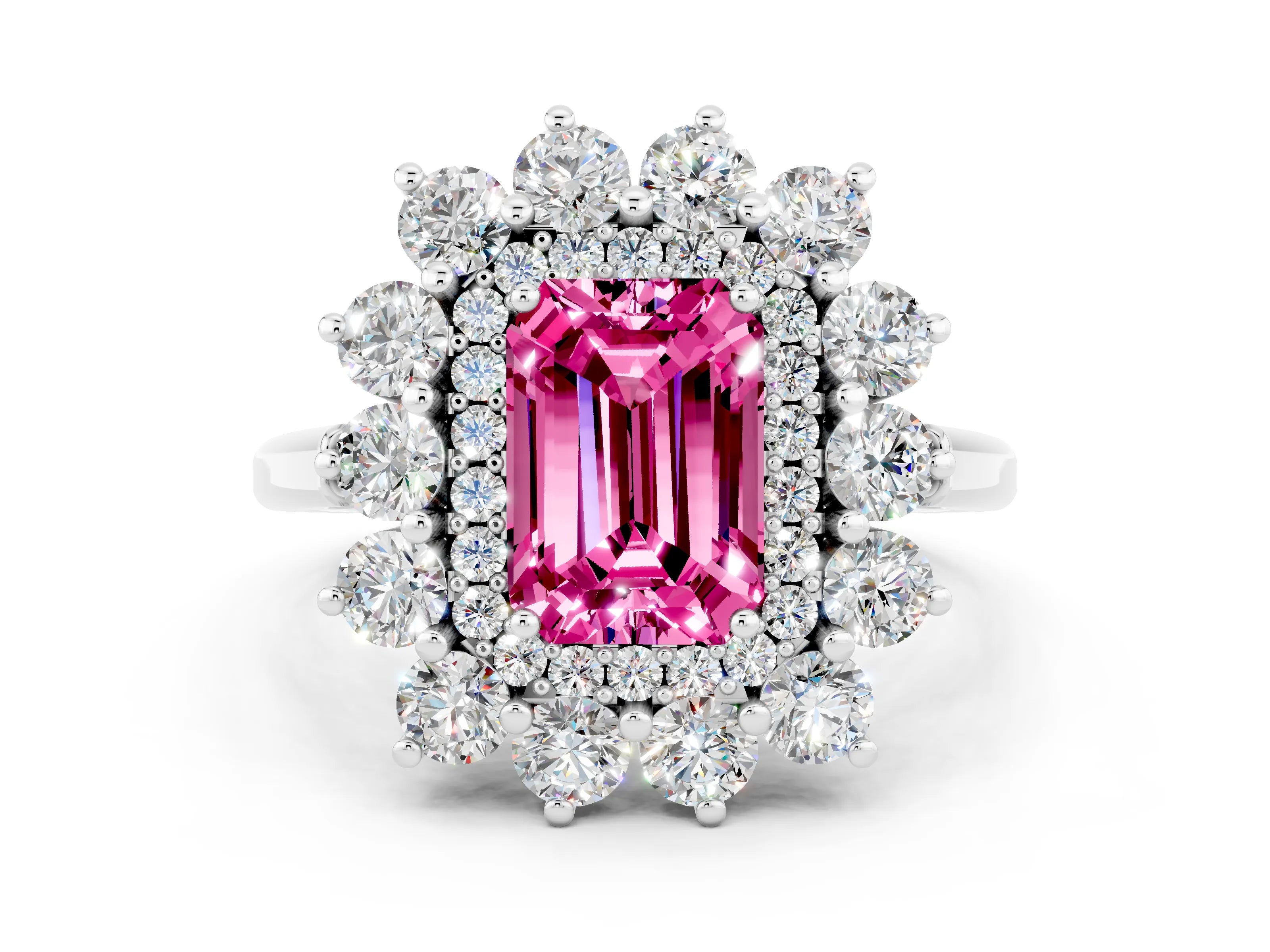 White gold Emerald Cut Halo Cluster Diamond Ring with Pave Band and Four-Prong Setting_12