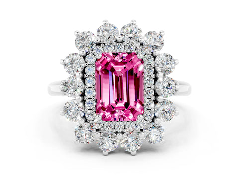 White gold Emerald Cut Halo Cluster Diamond Ring with Pave Band and Four-Prong Setting_12