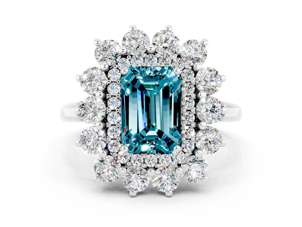 White gold Emerald Cut Blue Topaz Floral Double Halo Engagement Ring with Prong Setting