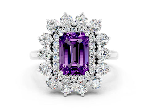 White gold Emerald Cut Halo Cluster Diamond Ring with Pave Band and Four-Prong Setting_12