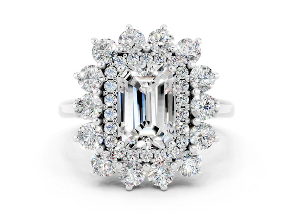 Silver Emerald Cut Moissanite Floral Double Halo Engagement Ring with Prong Setting