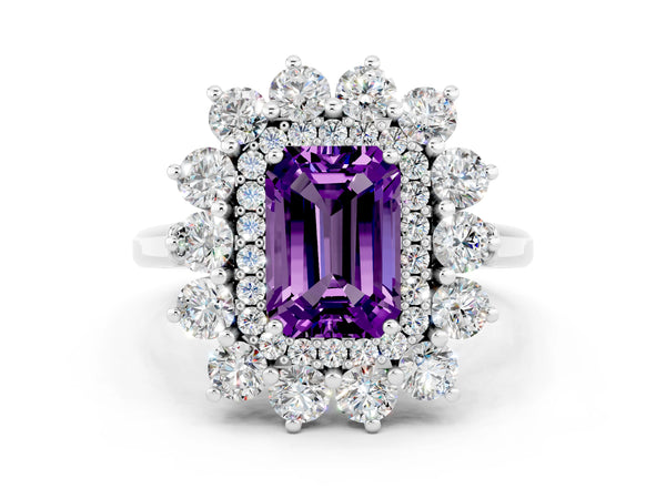 White gold Emerald Cut Amethyst Floral Double Halo Engagement Ring with Prong Setting