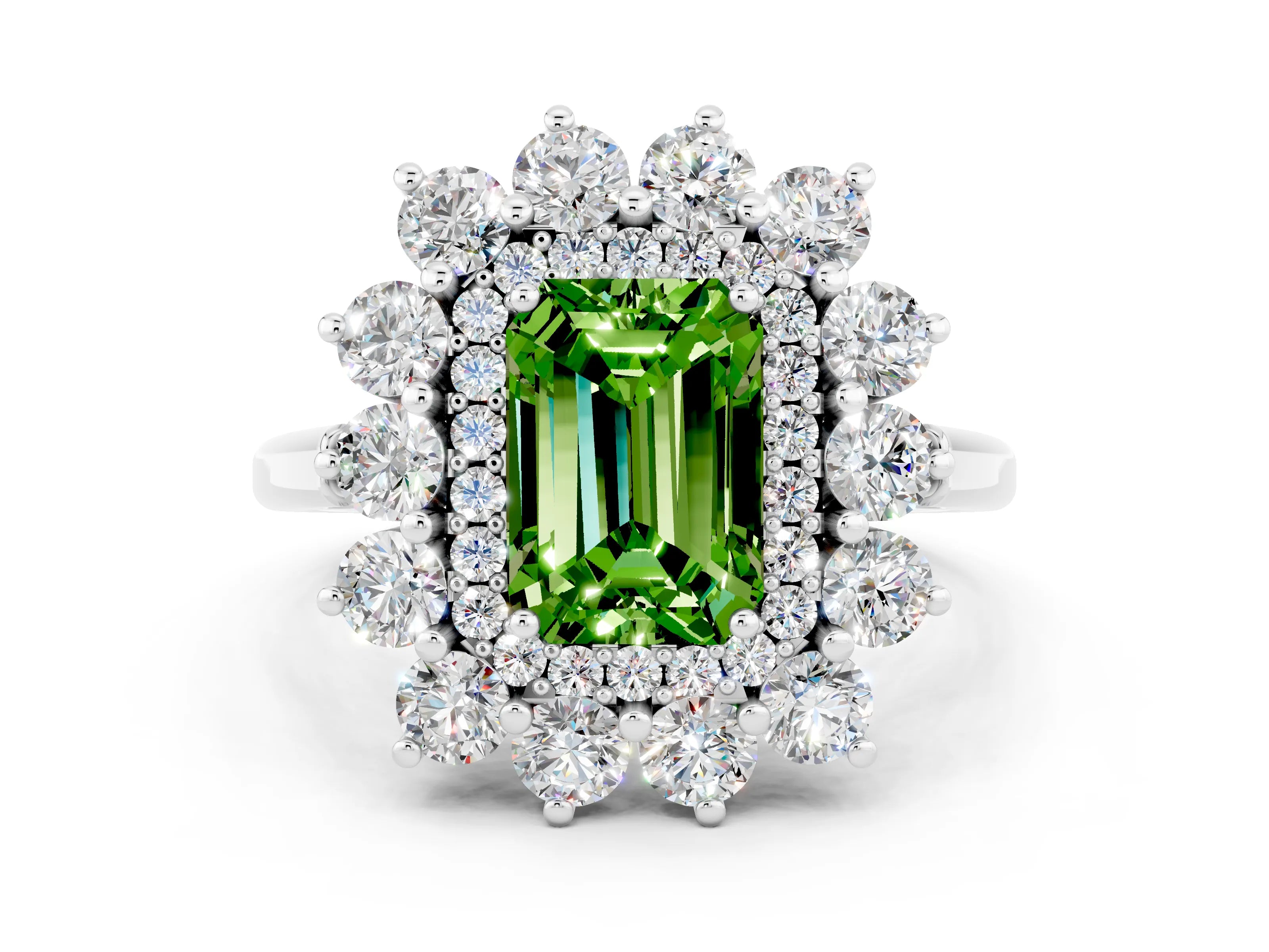 White gold Emerald Cut Halo Cluster Diamond Ring with Pave Band and Four-Prong Setting_12