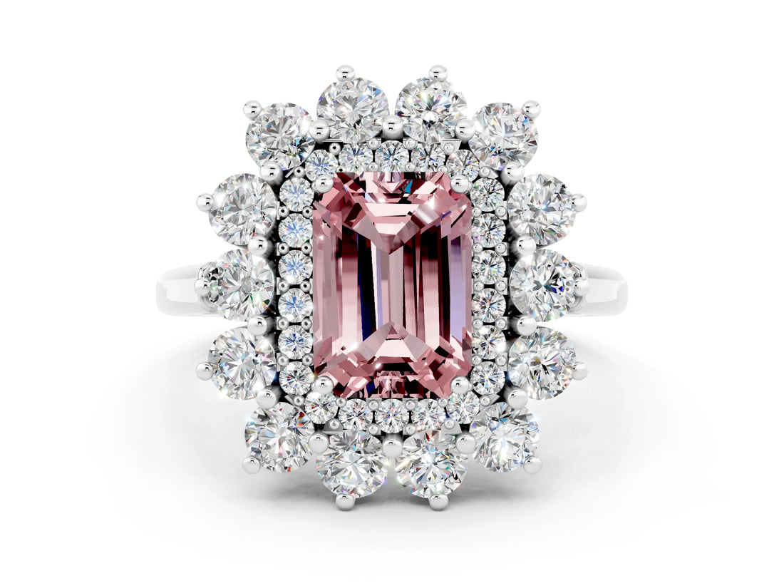 White gold Emerald Cut Halo Cluster Diamond Ring with Pave Band and Four-Prong Setting_12