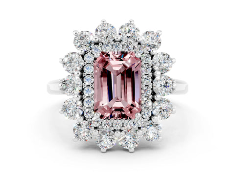 White gold Emerald Cut Halo Cluster Diamond Ring with Pave Band and Four-Prong Setting_12