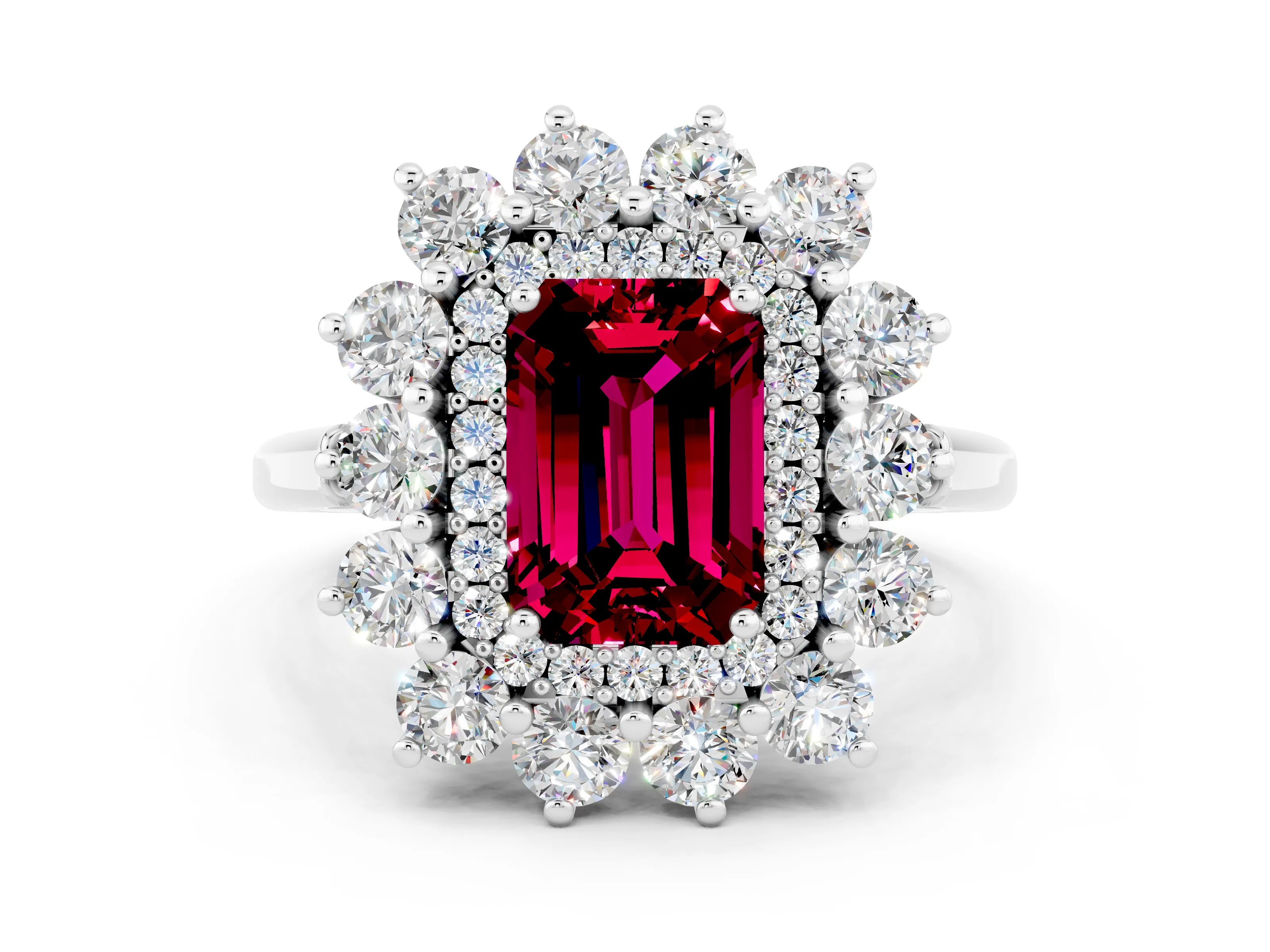 White gold Emerald Cut Halo Cluster Diamond Ring with Pave Band and Four-Prong Setting_12