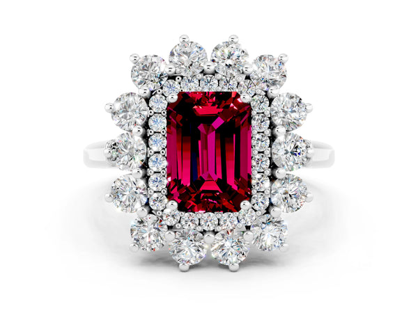 White gold Emerald Cut Garnet Floral Double Halo Engagement Ring with Prong Setting