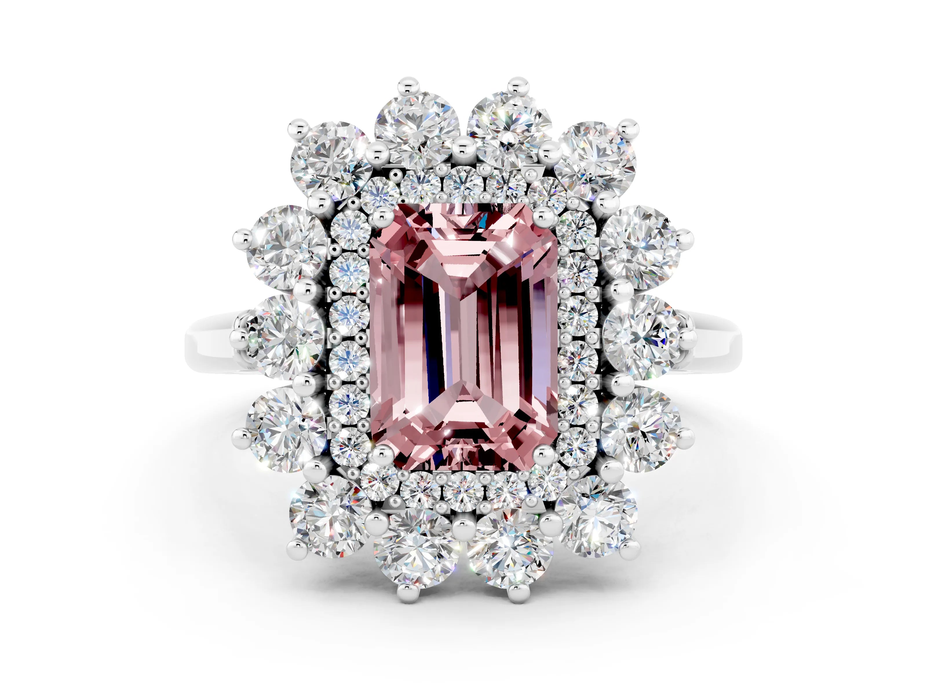 White gold Emerald Cut Halo Cluster Diamond Ring with Pave Band and Four-Prong Setting_12