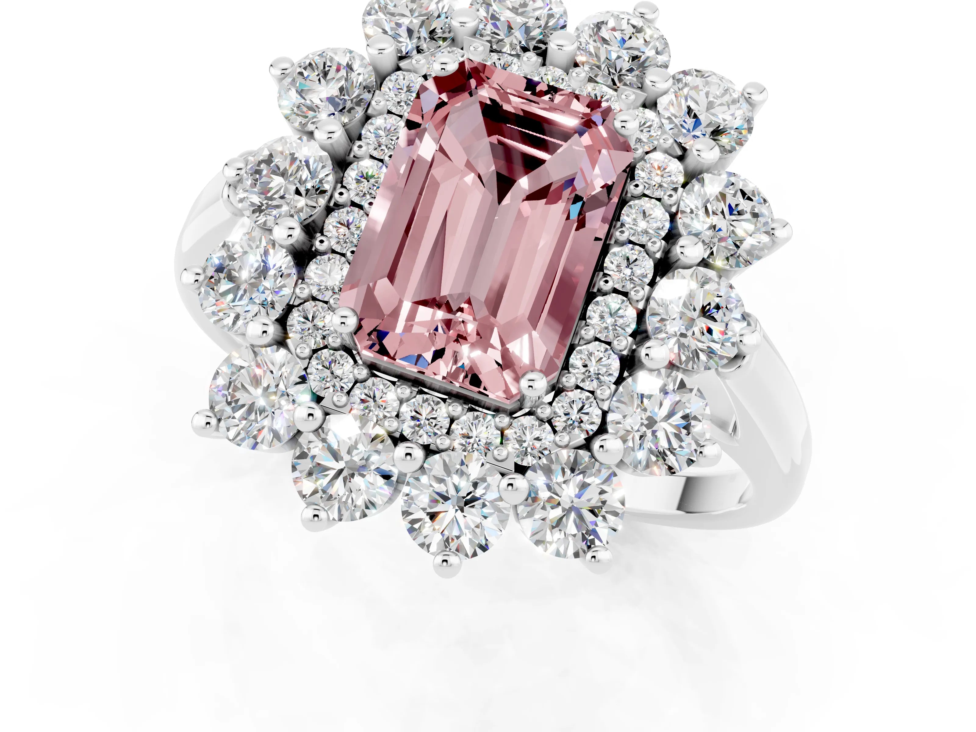 White gold Emerald Cut Halo Cluster Diamond Ring with Pave Band and Four-Prong Setting_13