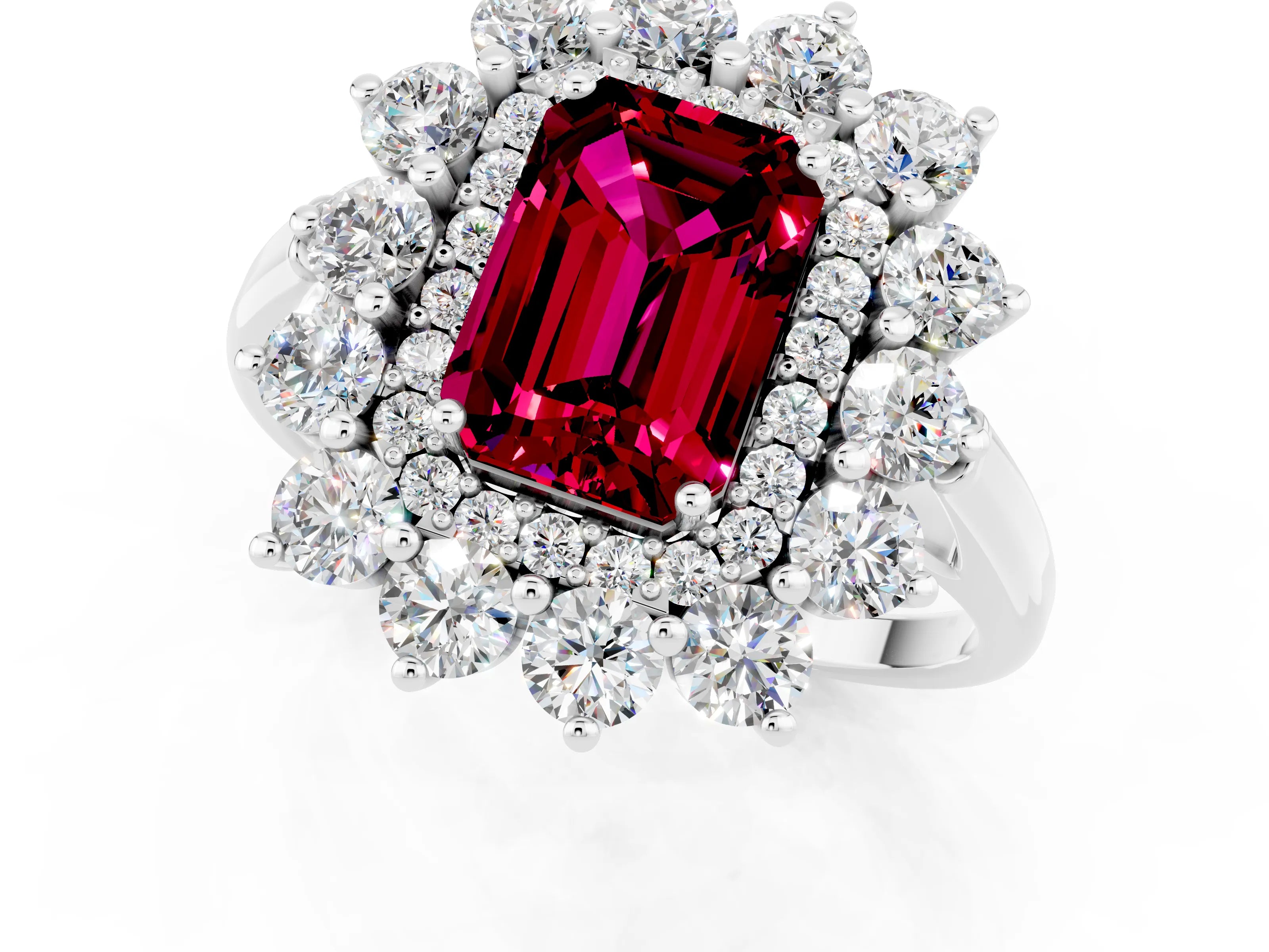 White gold Emerald Cut Halo Cluster Diamond Ring with Pave Band and Four-Prong Setting_13