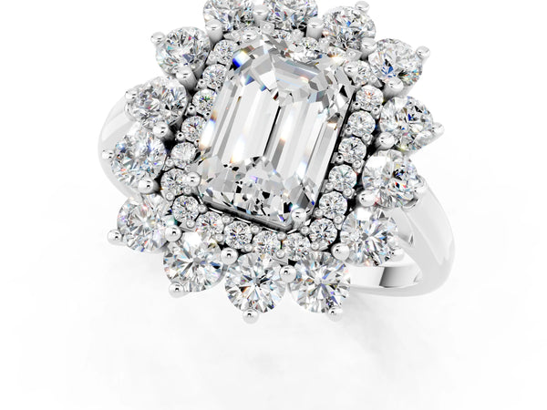 Silver Emerald Cut Moissanite Floral Double Halo Engagement Ring with Prong Setting