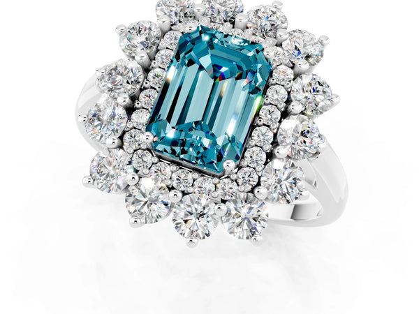 Silver Emerald Cut Blue Topaz Floral Double Halo Engagement Ring with Prong Setting