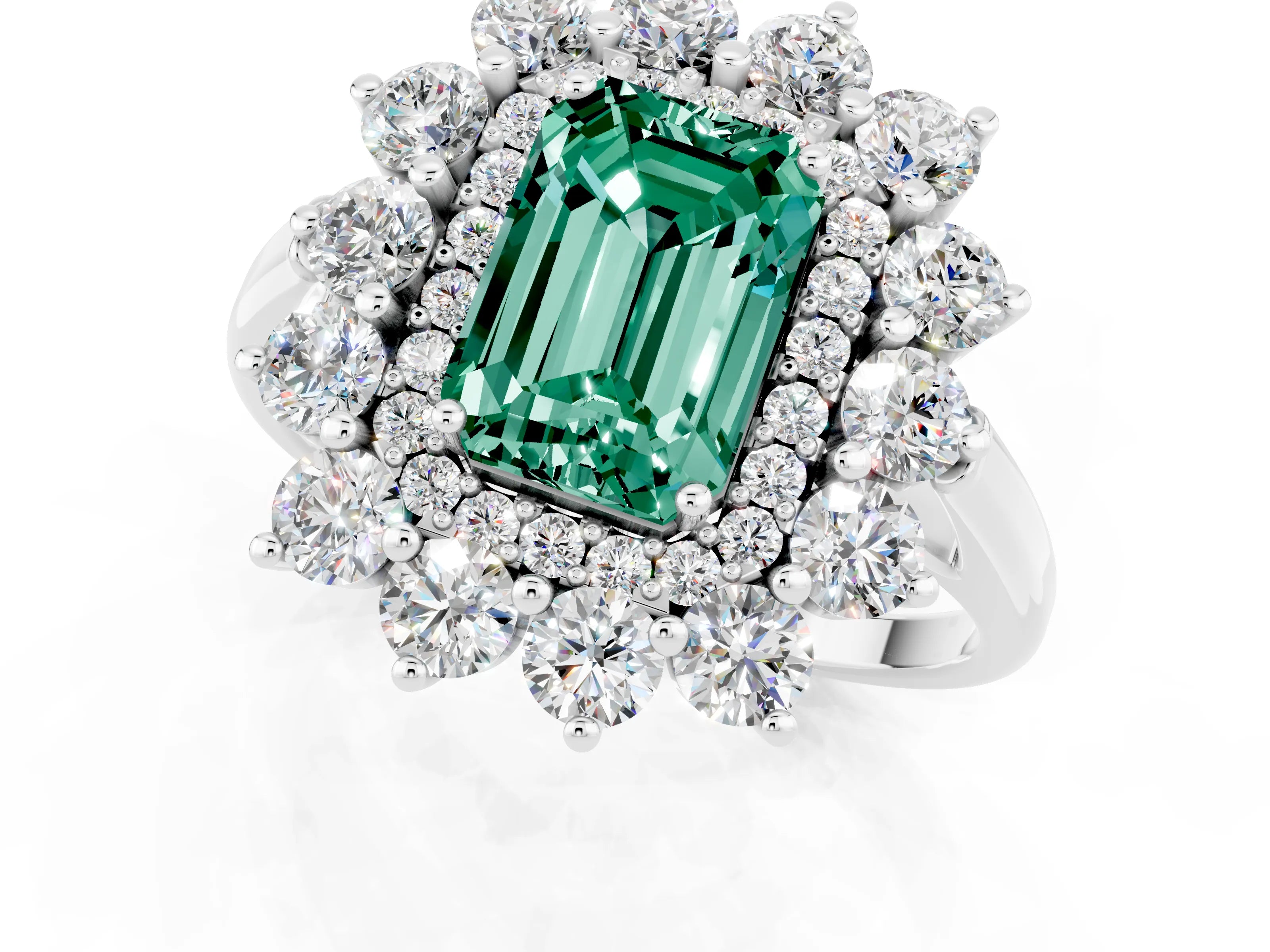 White gold Emerald Cut Halo Cluster Diamond Ring with Pave Band and Four-Prong Setting_13