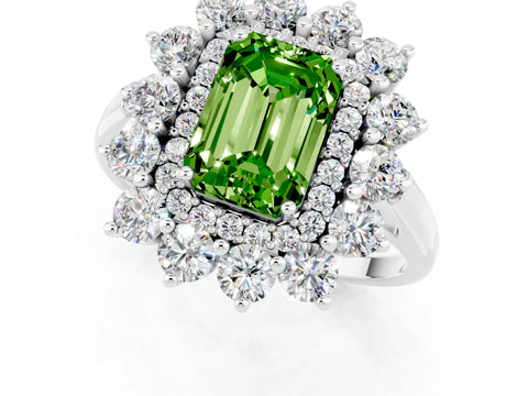 White gold Emerald Cut Halo Cluster Diamond Ring with Pave Band and Four-Prong Setting_13