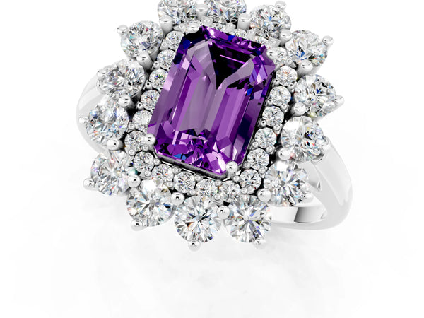 Platinum Emerald Cut Amethyst Floral Double Halo Engagement Ring with Prong Setting