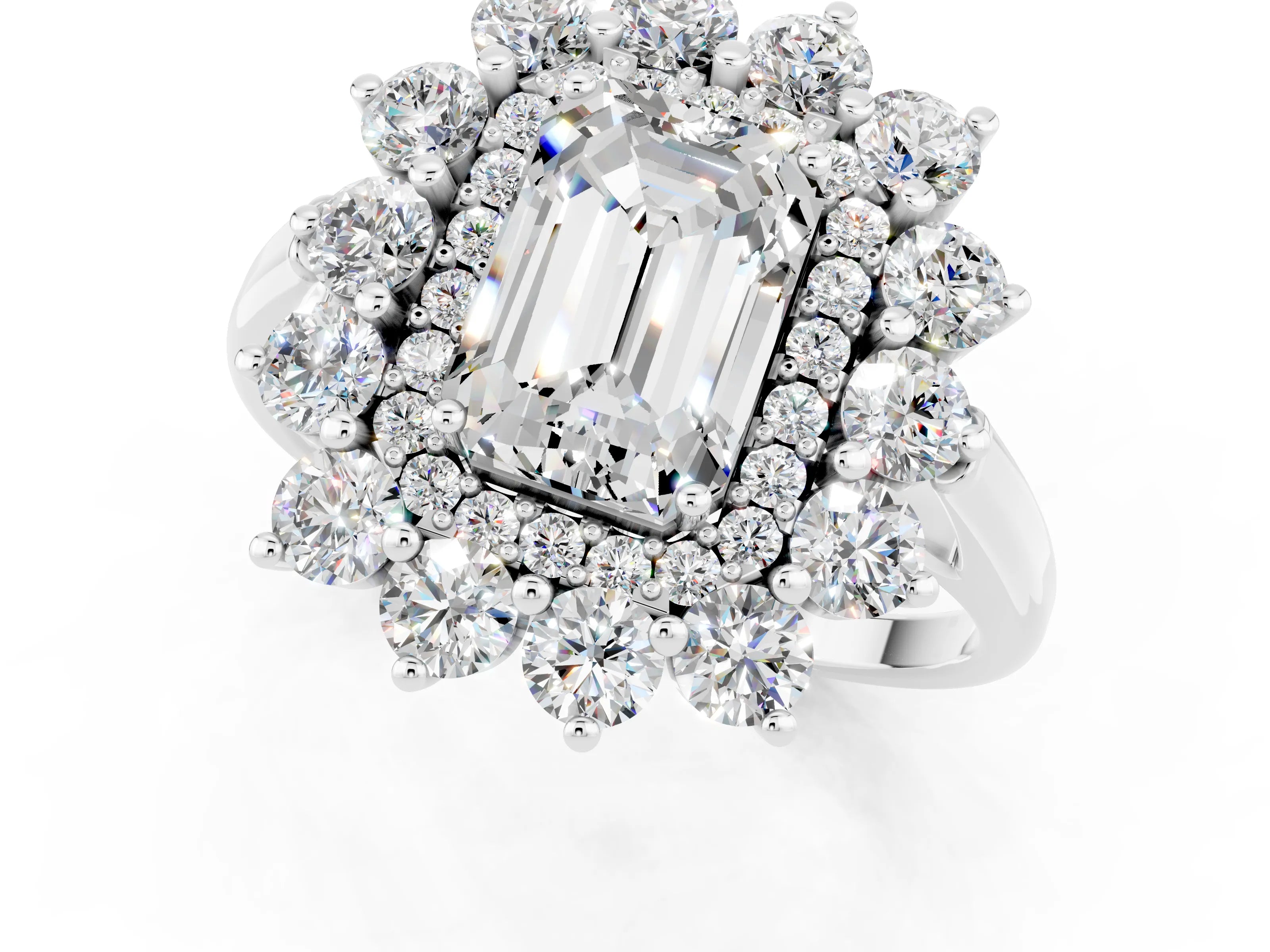 White gold Emerald Cut Halo Cluster Diamond Ring with Pave Band and Four-Prong Setting_13