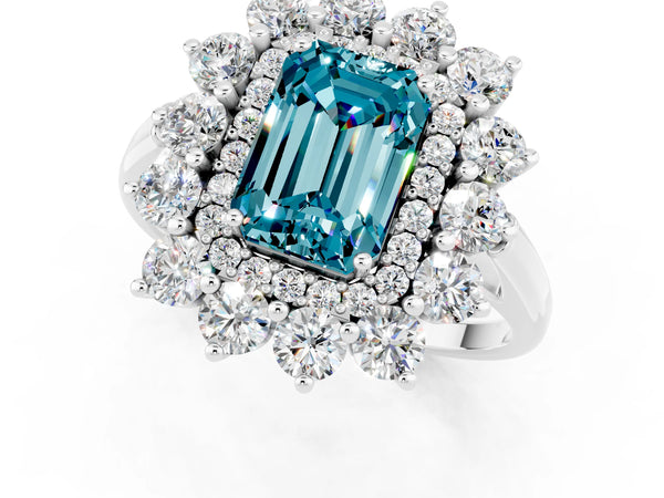 White gold Emerald Cut Halo Cluster Diamond Ring with Pave Band and Four-Prong Setting