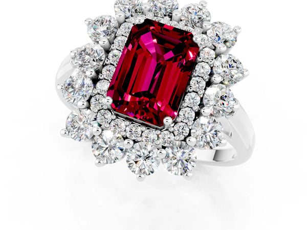 Silver Emerald Cut Garnet Floral Double Halo Engagement Ring with Prong Setting