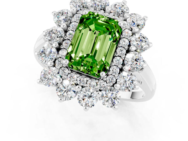 Platinum Emerald Cut Peridot Floral Double Halo Engagement Ring with Prong Setting