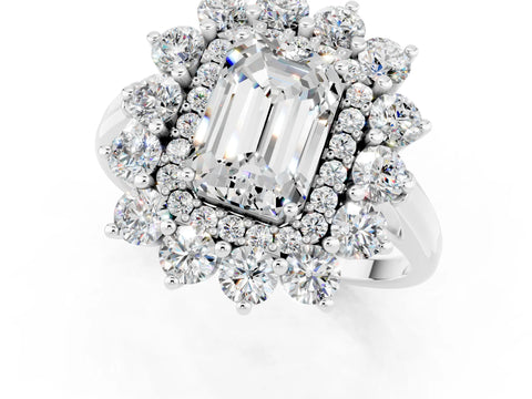 White gold Emerald Cut Halo Cluster Diamond Ring with Pave Band and Four-Prong Setting_13