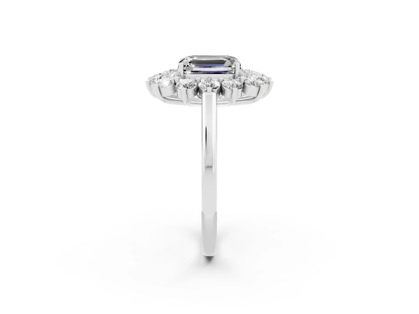 Platinum Emerald Cut Moissanite Floral Double Halo Engagement Ring with Prong Setting