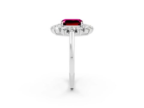 White gold Emerald Cut Halo Cluster Diamond Ring with Pave Band and Four-Prong Setting_14