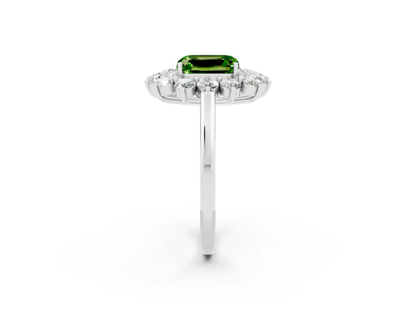 Silver Emerald Cut Peridot Floral Double Halo Engagement Ring with Prong Setting