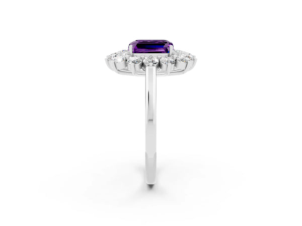 Platinum Emerald Cut Amethyst Floral Double Halo Engagement Ring with Prong Setting